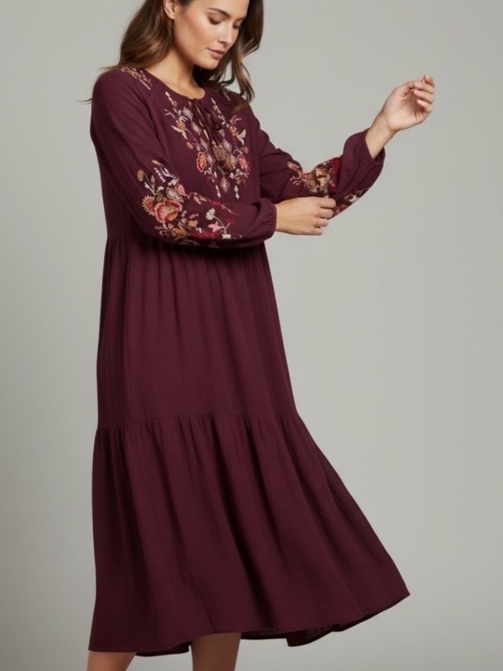 Knox Rose Women’s Embroidered Floral Dress Burgundy Maroon Small S Midi PERFECT